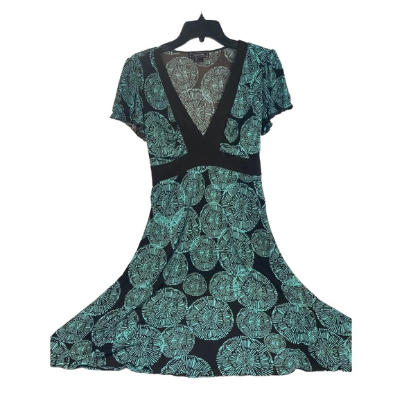 My Michelle Teal Green & Black‎ Print A-line Dress with Deep V-neck & Tie Belt L - Picture 1 of 7